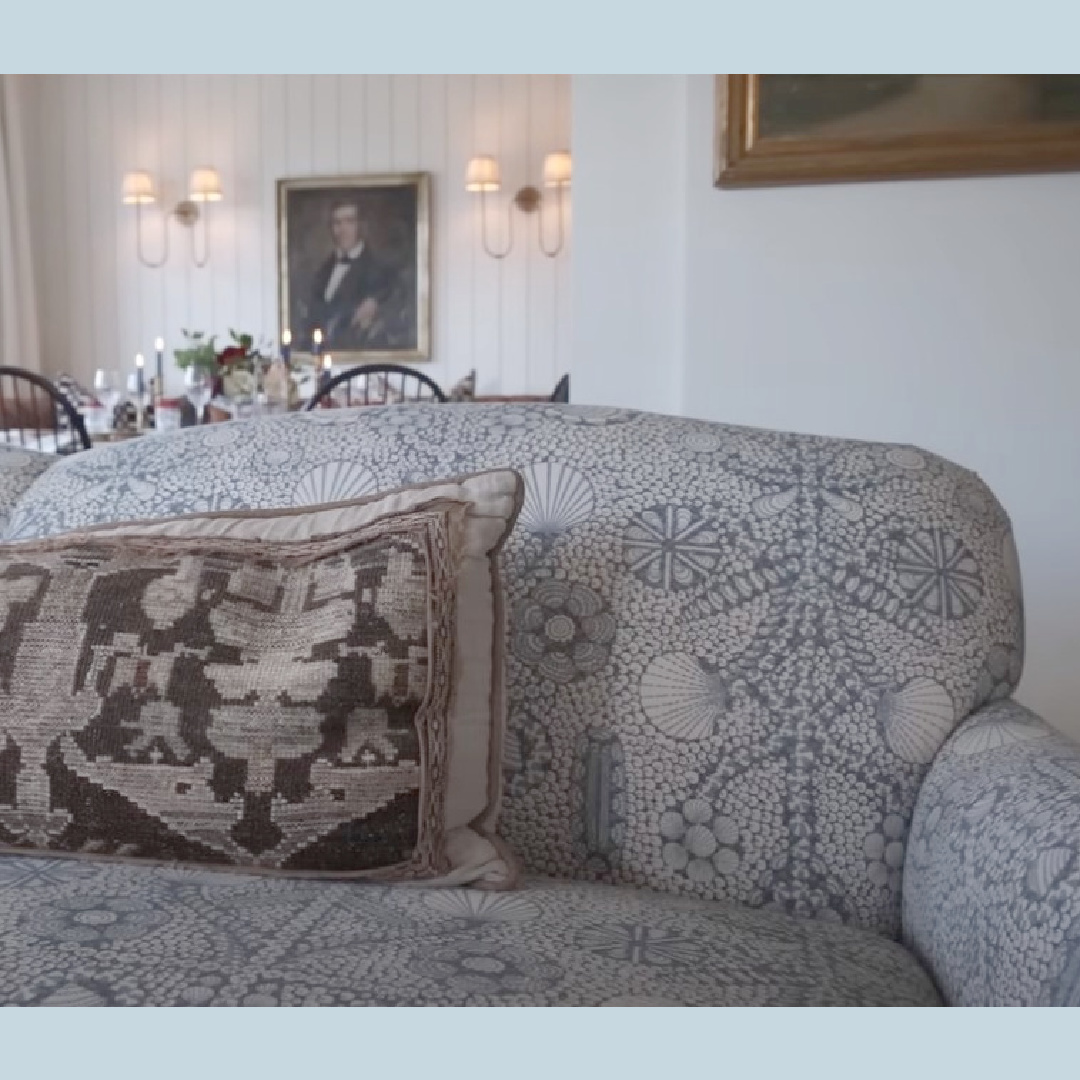 Fermoie Shell Grotto fabric upholstery on sofa - M+M Interior Design.