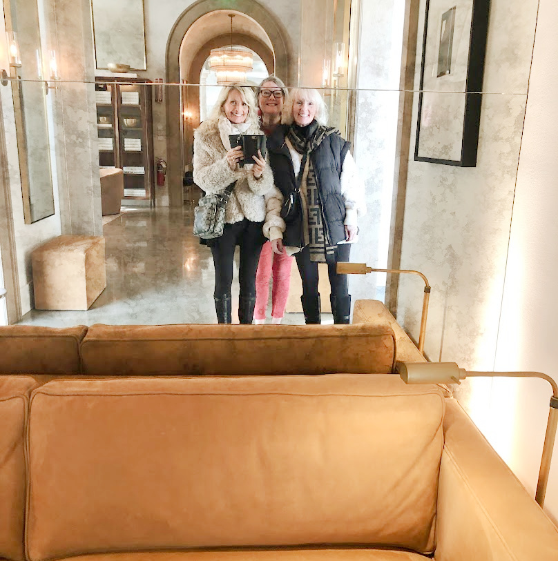 Hello Lovely's Michele and friends in winter, reflected in antiqued mirror.