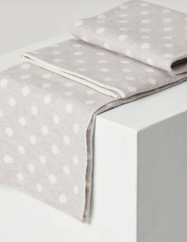 WovenWoven brand grey and white ultrafine Australian merino wool baby blanket with polka dots. #babyblankets #australianmerino #woolblankets