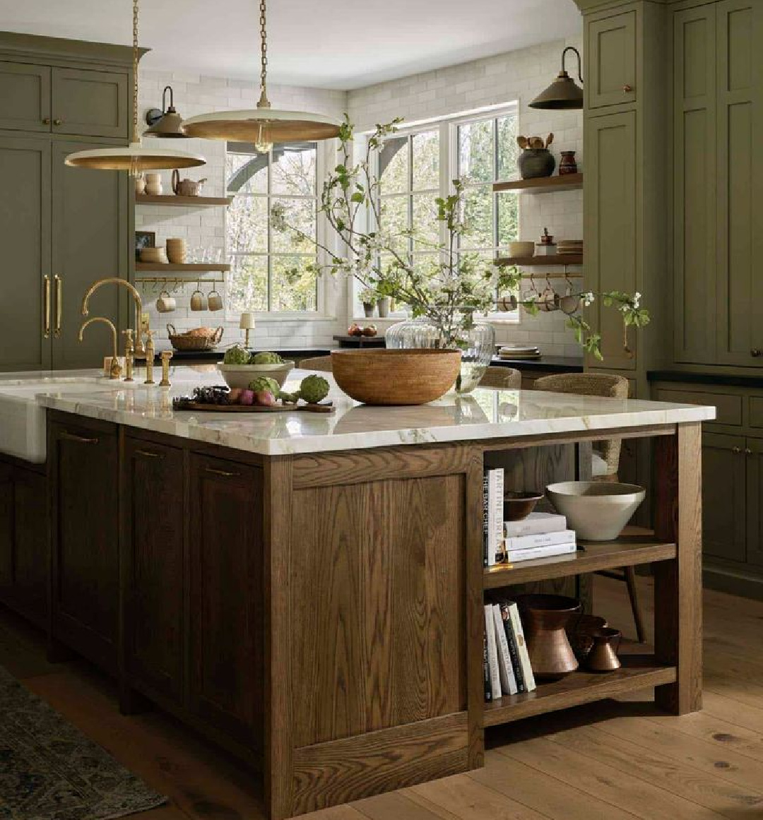 Green kitchen (Farrow & Ball Crownsville Gray) with classic heritage style and design by Tiffany Leigh Interiors. #crownsvillegray