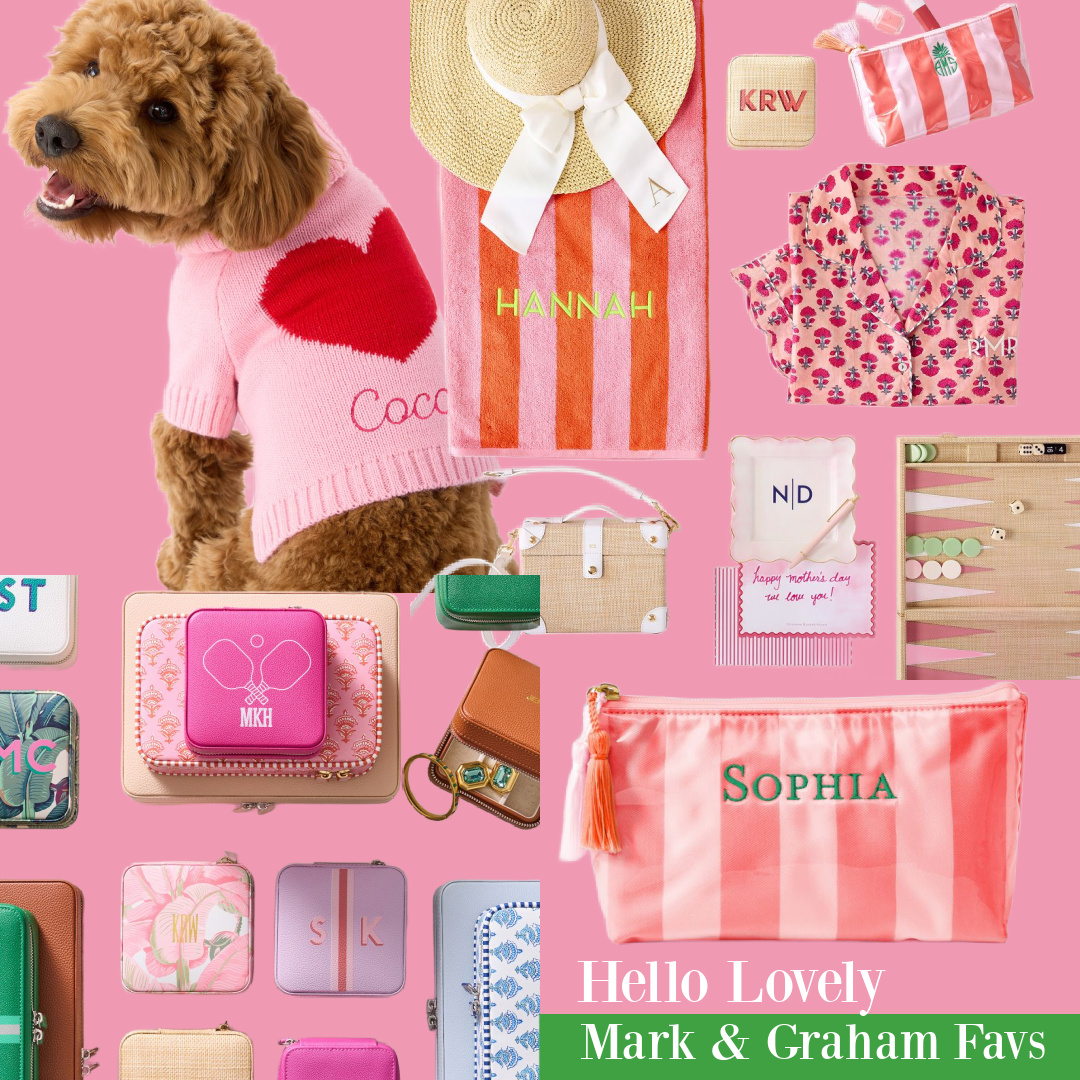 Playful prints and patterns (those Palm Beach stripes!) for travel bags, beach towels with monogram, dog sweaters and more ideas for gifts, Mark & Graham. #palmbeach