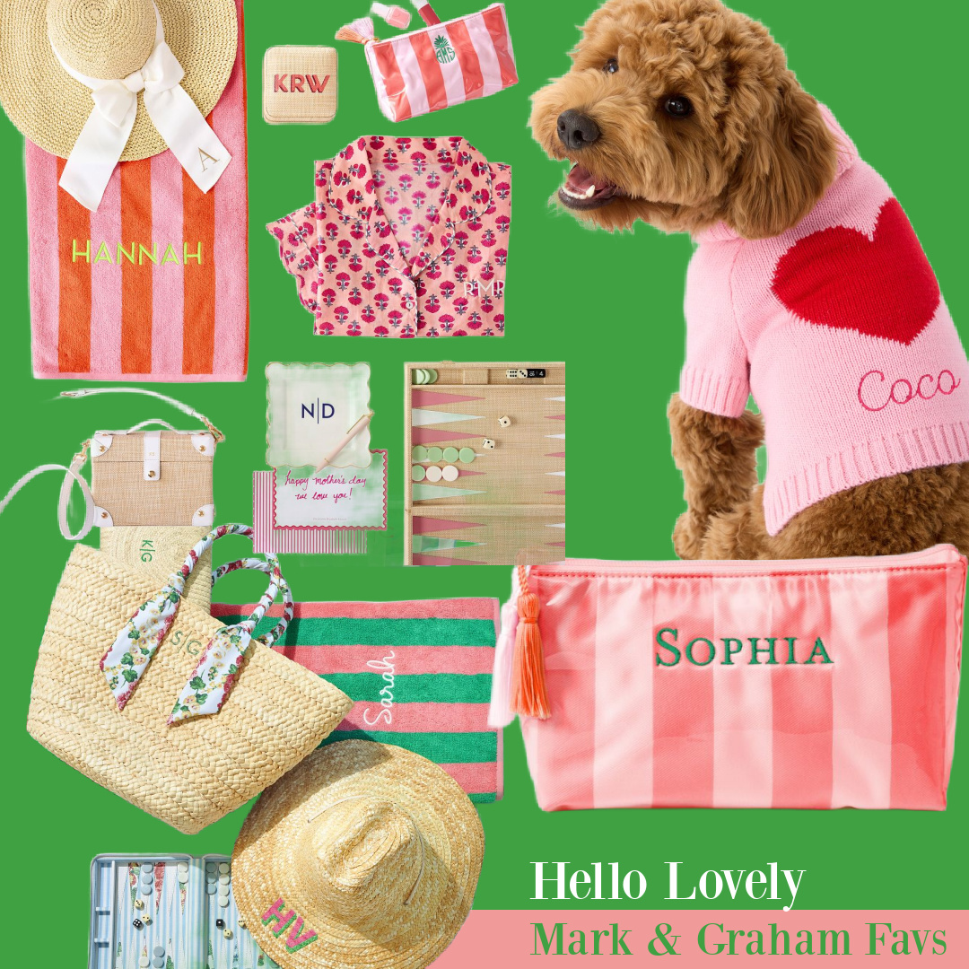 Playful prints and patterns (those Palm Beach stripes!) for travel bags, beach towels with monogram, dog sweaters and more ideas for gifts, Mark & Graham. #palmbeach