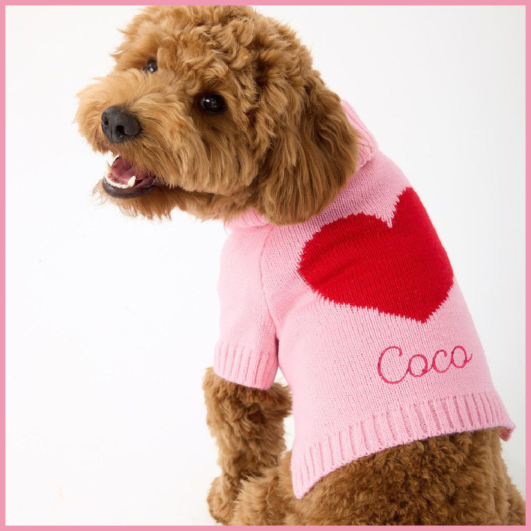 Adorable pink knit dog sweater with heart and monogram, Mark and Graham. #petgifts #dogsweater
