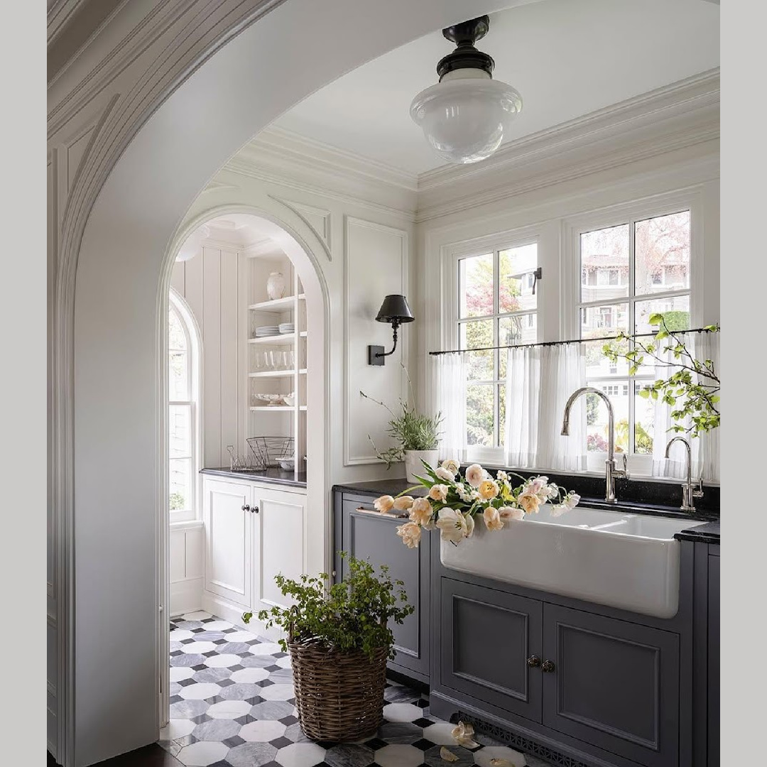 Timeless kitchen with farm sink, butler pantry with arch doorway, and timeless design - Scout & Nimble. #bespokekitchen