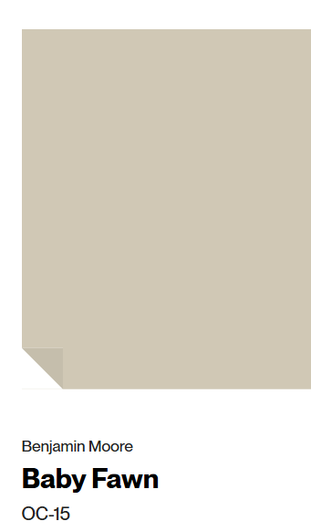 Benjamin Moore Baby Fawn paint color swatch OC-15. #benjaminmoorebabyfawn