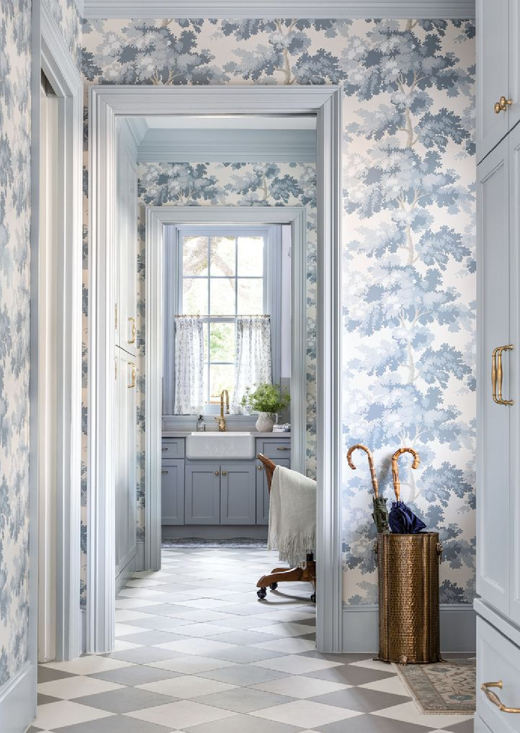 Blue Raphael wallpaper in mud room - Flower Magazine.