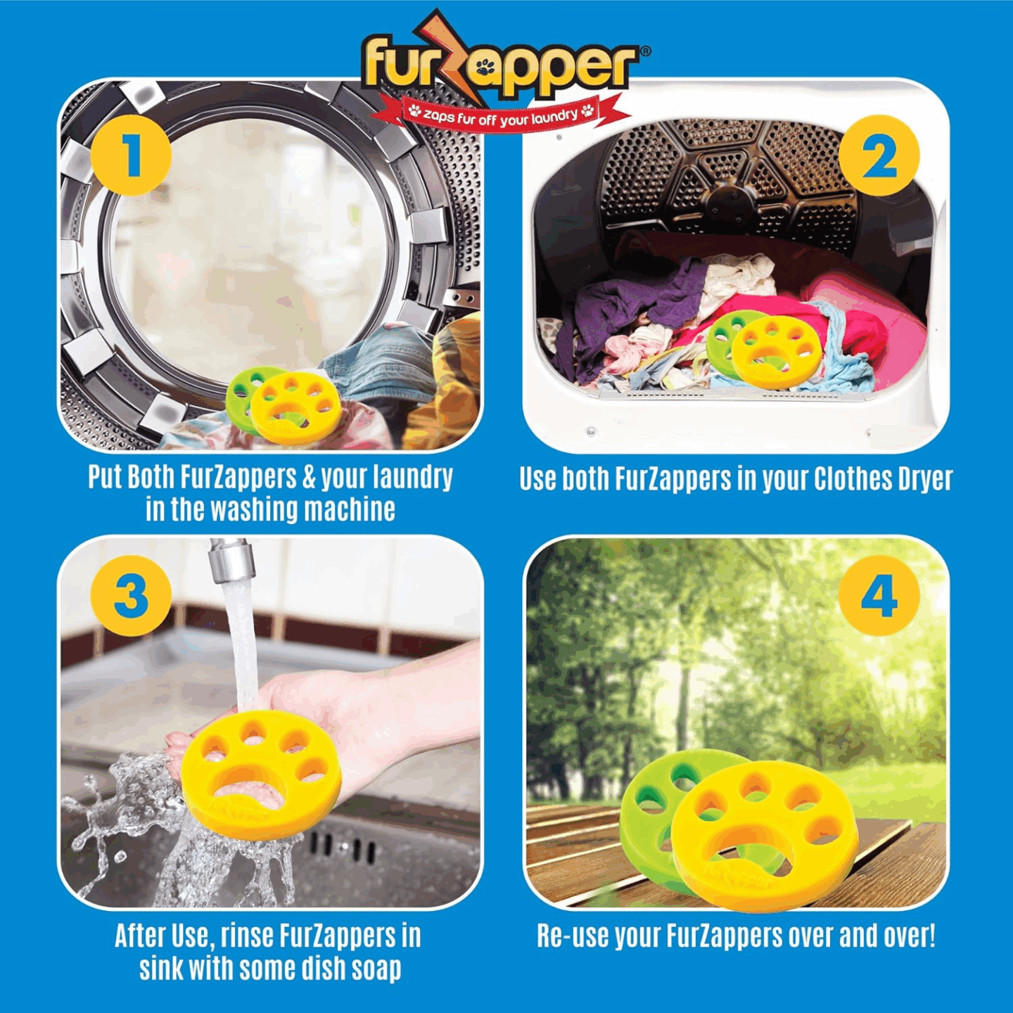 Zaps Fur off laundry - FurZapper is a non-toxic, re-usable, and effective pet hair remover tool made in the USA to use in washer and dryer to gently remove pet fur, hair, dander, lint, and more from your clothing, pet bed, jackets, and blankets. So clever! #petcare
