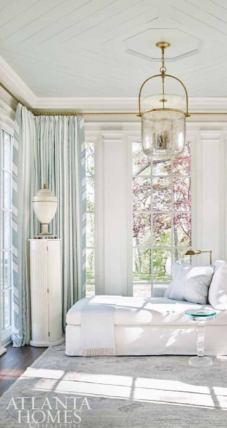 Light blue painted ceiling (SW Rainwashed) and accents in a sunny traditional bedroom sitting room with chaise - Southeastern Designer Showhouse 2017 - AH&L.