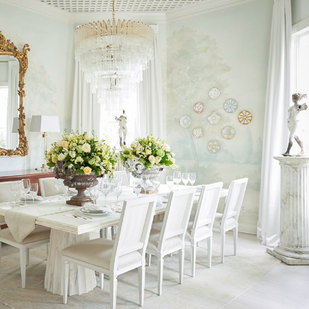 Elegant ethereal dining room with white and Susan Harter scenic wallpaper mural - Rivers Spencer.