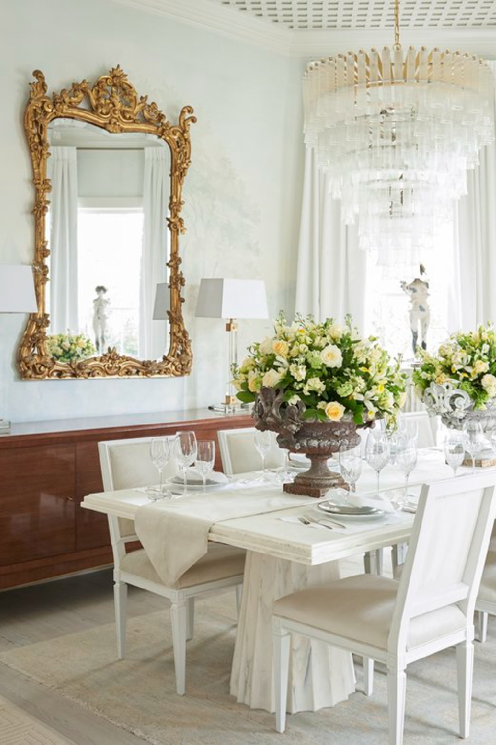 Elegant ethereal dining room with white and Susan Harter scenic wallpaper mural - Rivers Spencer.