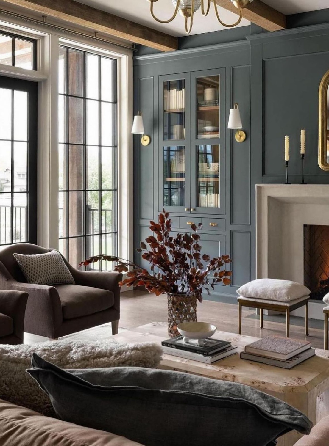 Beautiful great room with slate blue built-ins, furniture from McGee and Co, architecture by Steve Tiek, and design by Ali Henrie.