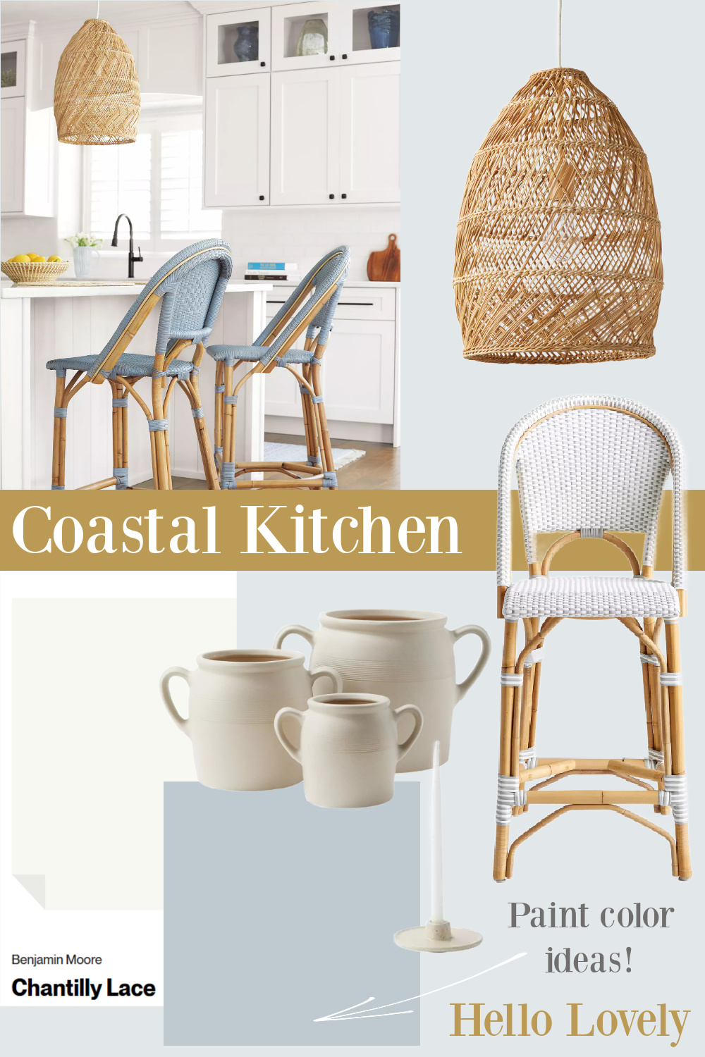 Coastal kitchen with Serena & Lily seating & pendant light, accessories, and paint color ideas - Hello Lovely Studio.