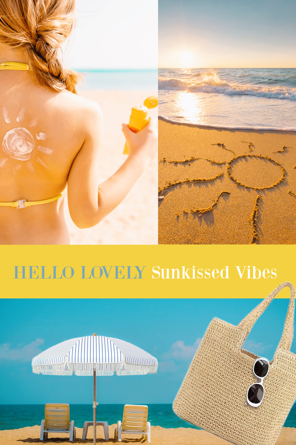 Hello Lovely Sunkissed Vibes and beachy essentials (bag, sunscreen, lounge chairs, umbrella!). #ad #beachessentials #springbreak #sunnyvibes