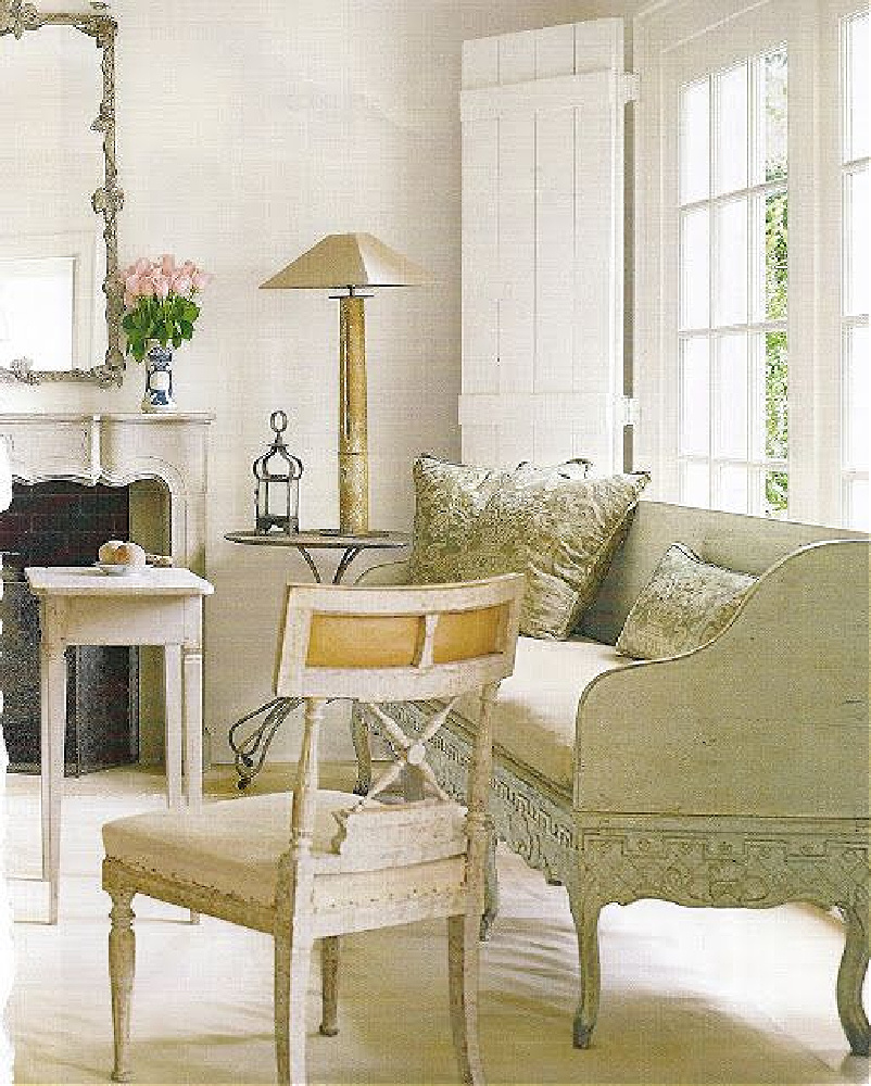 Shannon Bowers designed Old world style living room with Swedish antiques and timeless design.