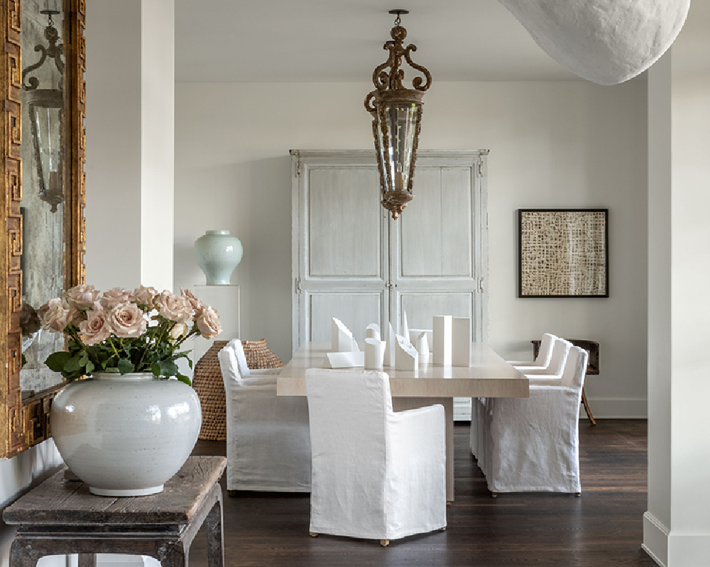 Greek Villa (SW paint color) in a dining room. Timeless interior design by Shannon Bowers with nods to European antiques, patina, understated elegance, and sophisticated simplicity. #shannonbowers #sherwinwilliamsgreekvilla