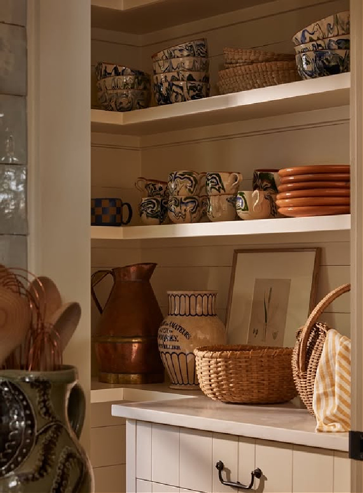 Shannon Bowers designed timeless interior - shelves with collected treasures.