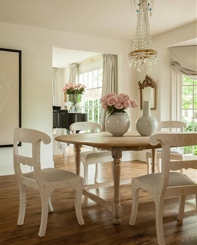 Shannon Bowers designed dining area with timeless, serene, European rustic elegance.