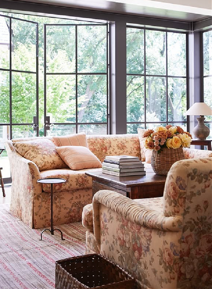 Shannon Bowers designed living room with blush color story and undressed windows.