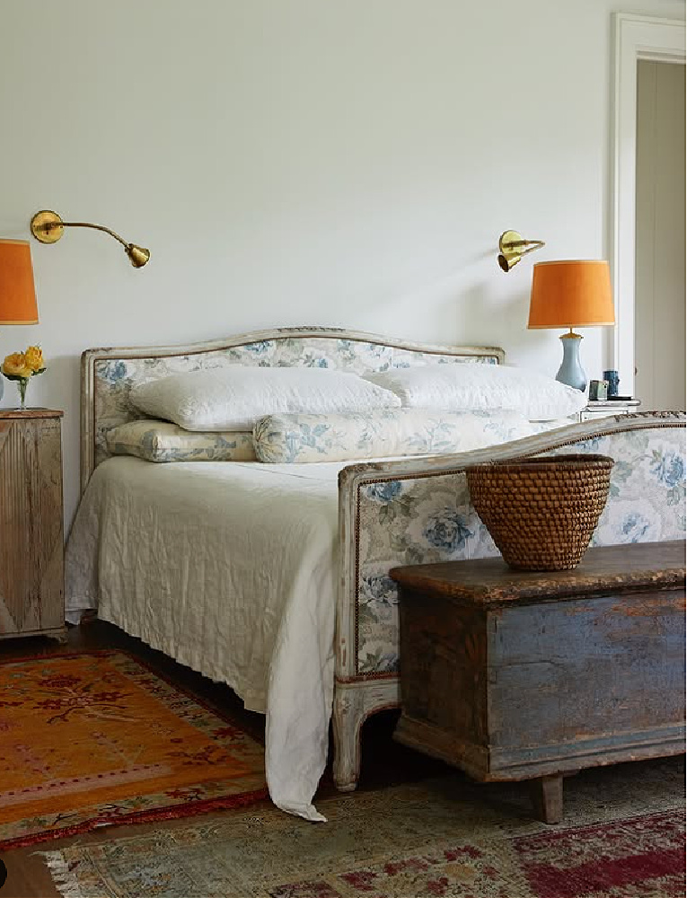 Serene bedroom with blue and peach. Timeless interior design by Shannon Bowers with nods to European antiques, patina, understated elegance, and sophisticated simplicity. #shannonbowers #timelessinteriors
