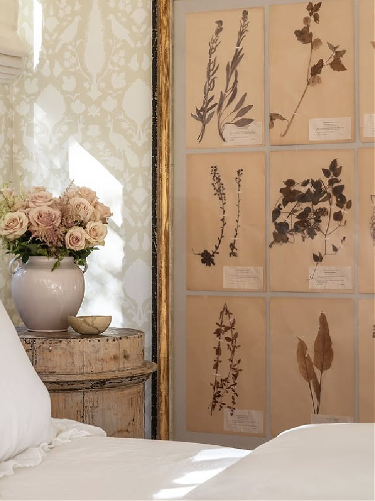 Guest bedroom with herbarium. Timeless interior design by Shannon Bowers with nods to European antiques, patina, understated elegance, and sophisticated simplicity. #shannonbowers #timelessinteriors