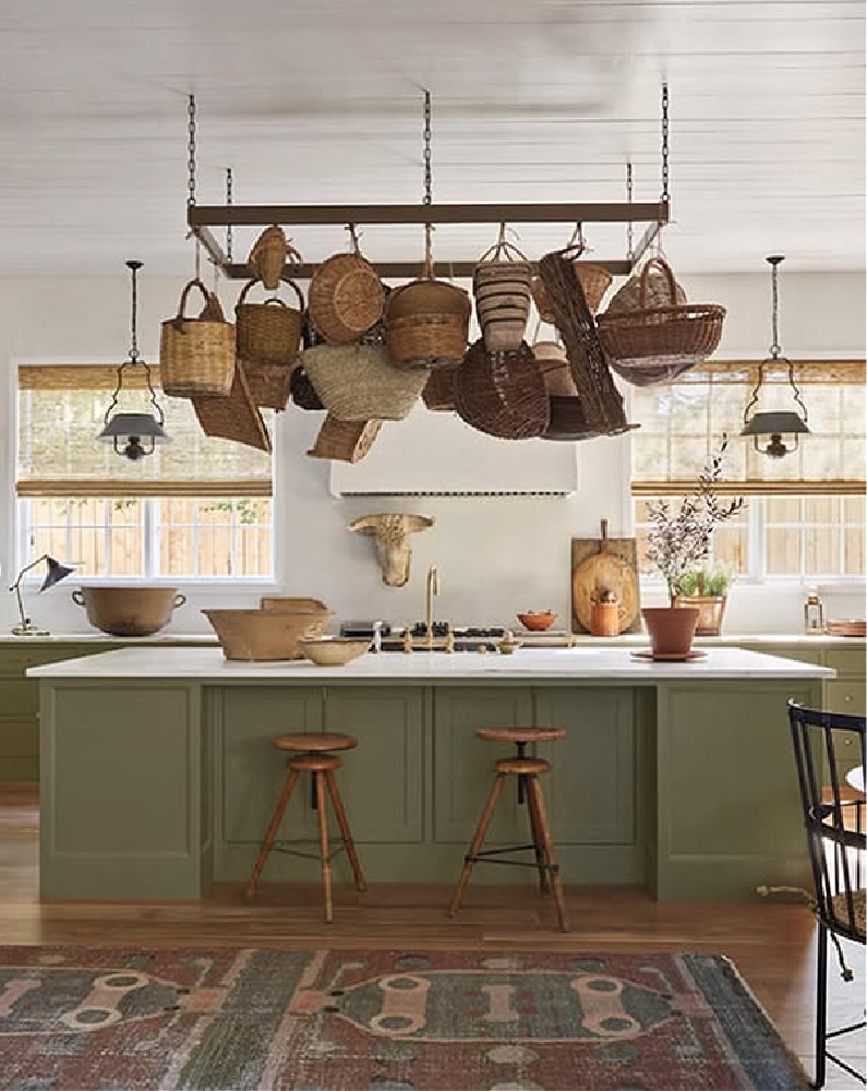 Green kitchen in Milieu Showhouse 2020. Timeless interior design by Shannon Bowers with nods to European antiques, patina, understated elegance, and sophisticated simplicity. #shannonbowers #timelessinteriors