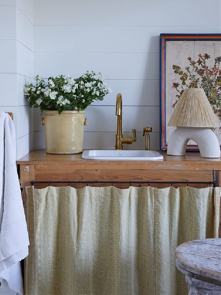 Skirted sink. Timeless interior design by Shannon Bowers with nods to European antiques, patina, understated elegance, and sophisticated simplicity. #shannonbowers #timelessinteriors