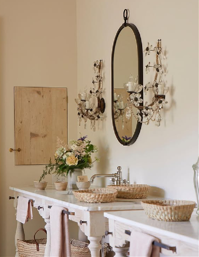 Exquisite his and hers antique drapers table vanities. Timeless interior design by Shannon Bowers with nods to European antiques, patina, understated elegance, and sophisticated simplicity. #shannonbowers #timelessinteriors