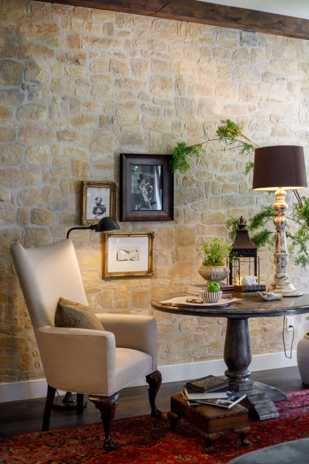 Rustic elegance in an Old World style home with stone wall created with stencil kit from @thedetalles. #rusticelegance #stonewallstencil #fauxstone #thedetalles