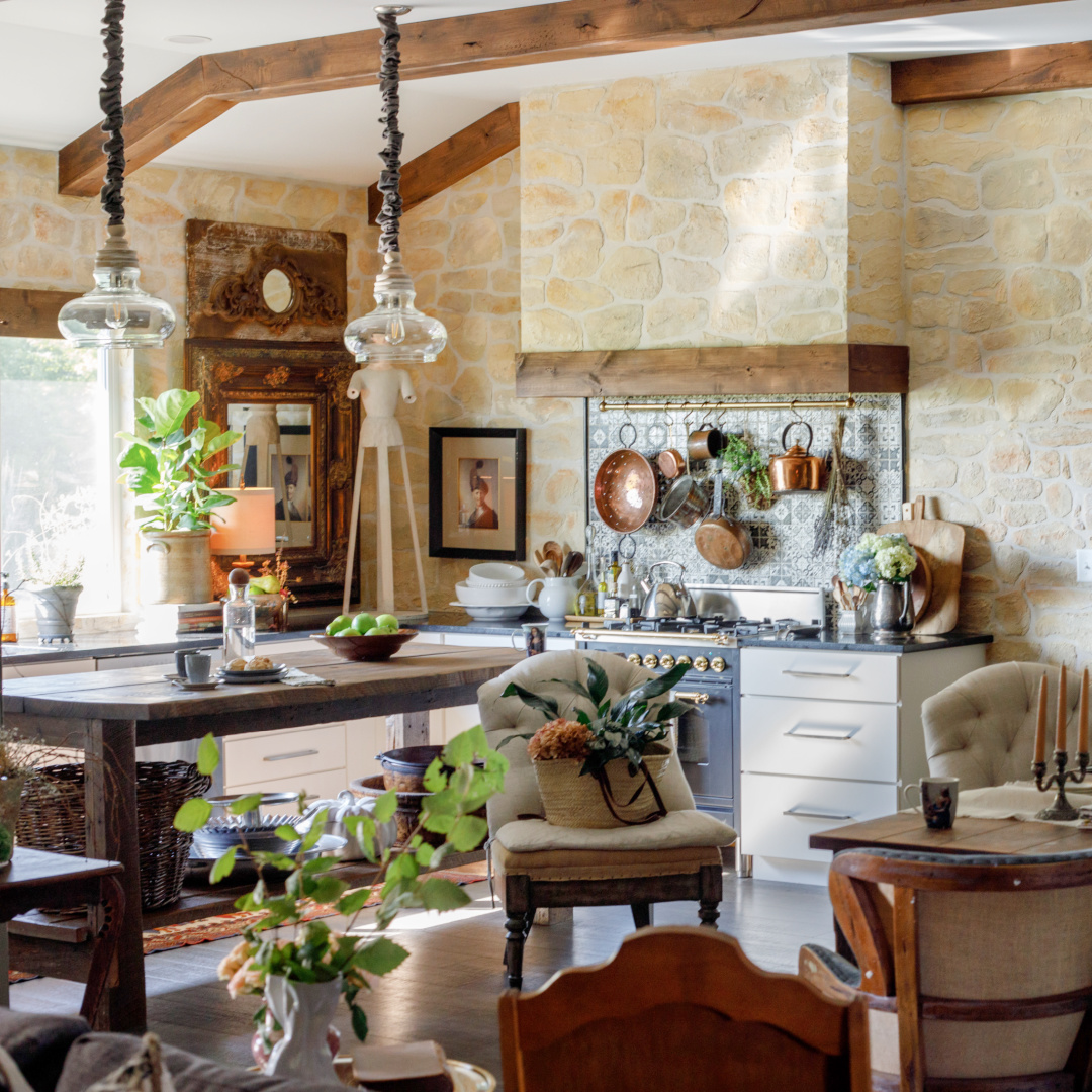Rustic elegance in an Old World style home with stone wall created with stencil kit from @thedetalles. #rusticelegance #stonewallstencil #fauxstone #thedetalles