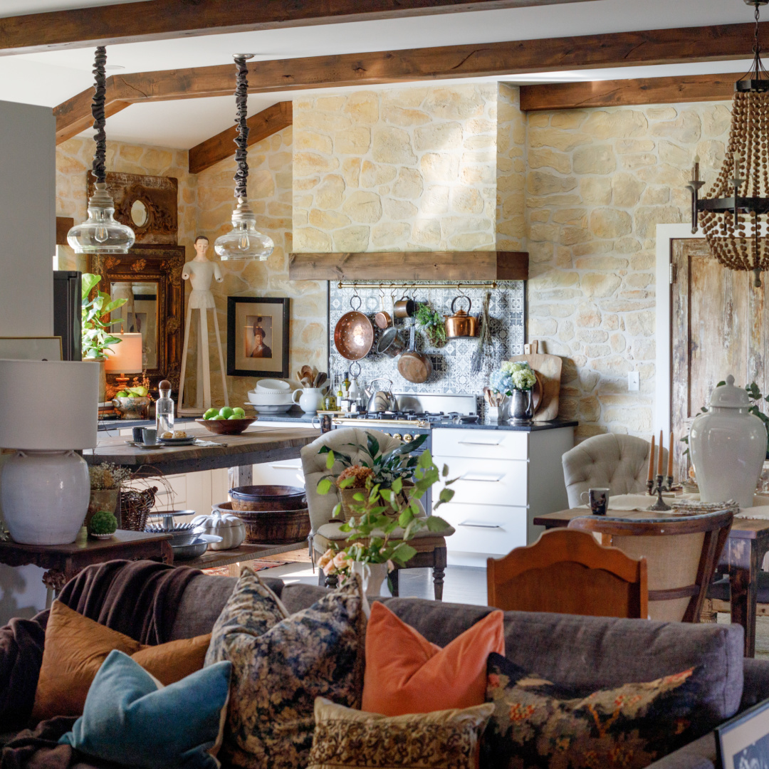 Rustic elegance in an Old World style home with stone wall created with stencil kit from @thedetalles. #rusticelegance #stonewallstencil #fauxstone #thedetalles