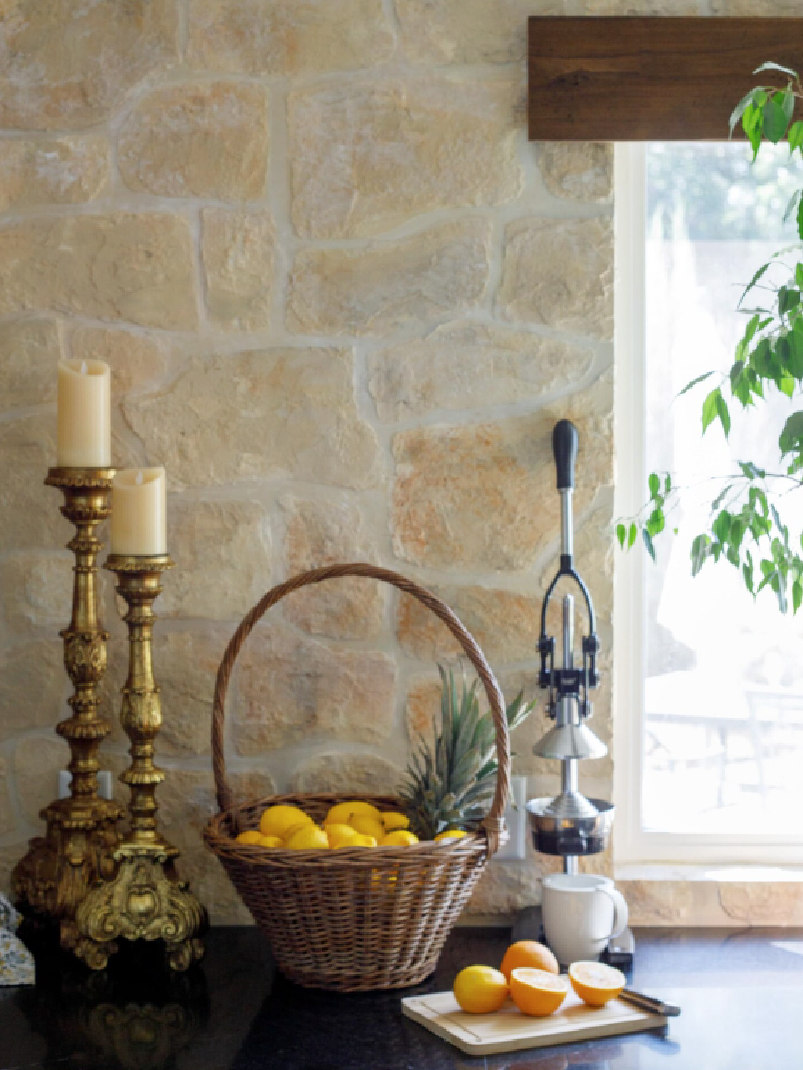 Rustic elegance in an Old World style home with stone wall created with stencil kit from @thedetalles. #rusticelegance #stonewallstencil #fauxstone #thedetalles