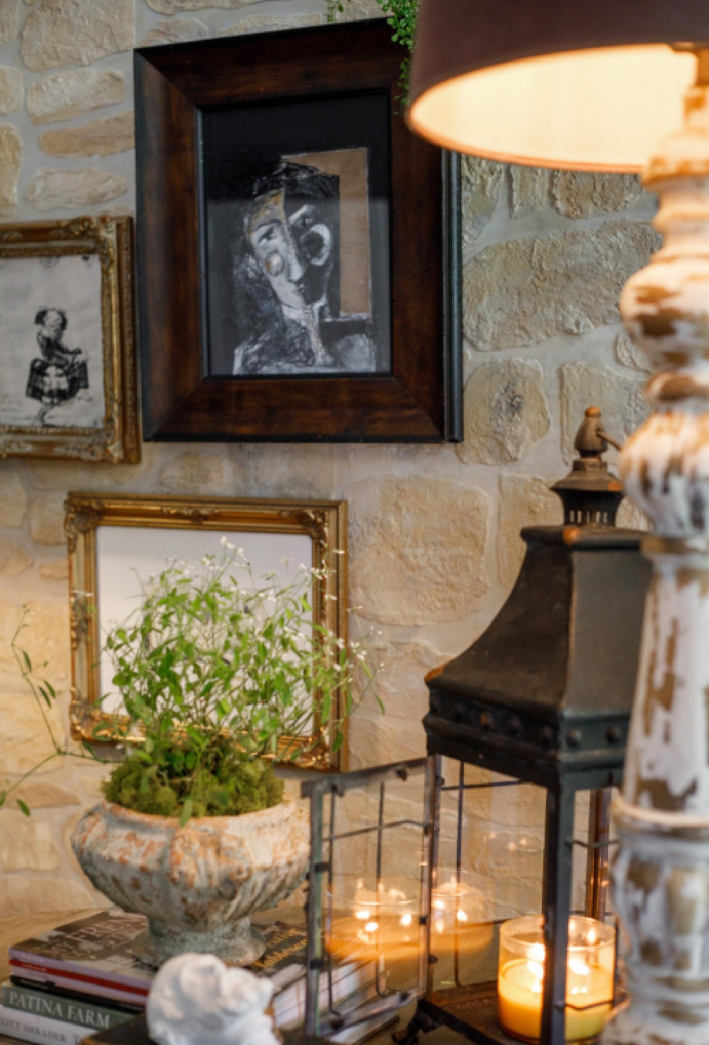 Rustic elegance in an Old World style home with stone wall created with stencil kit from @thedetalles. #rusticelegance #stonewallstencil #fauxstone #thedetalles