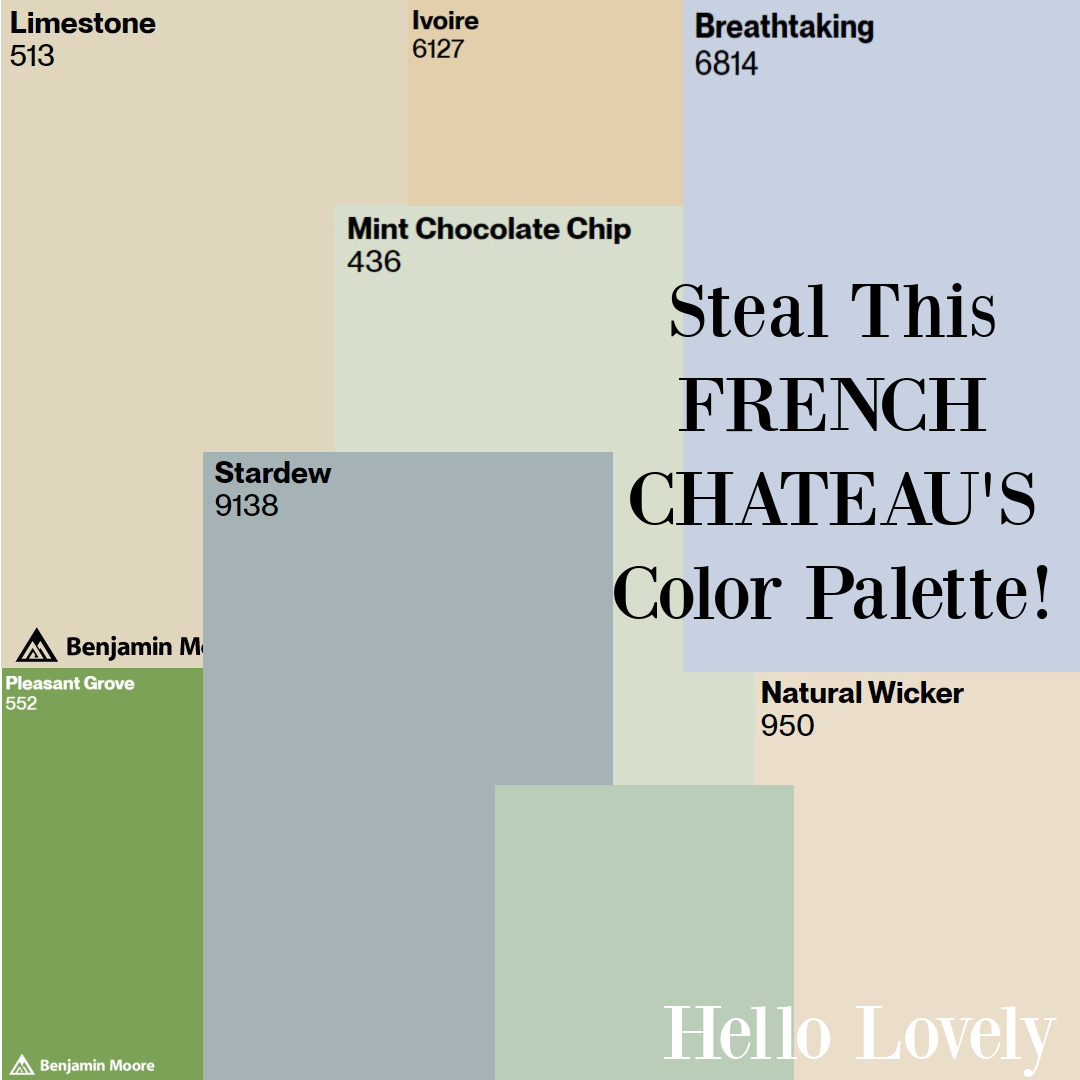 French chateau color palette ideas inspired by Chateau Mireille in Provence on Hello Lovely.
