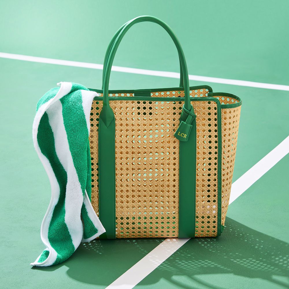 Tennis court with Waterproof Caning Tote (Green) and Cabana Stripe Beach Towel, Mark & Graham.