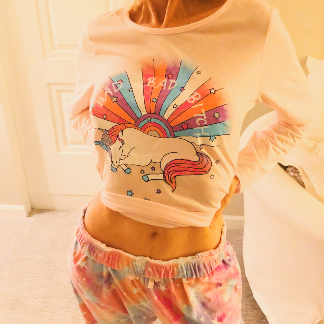 Michele customized BAD BAD BITCH rainbow unicorn pajamas with a paint pen and a lot of rage as she fights Lupus. #lupusdiagnosis #badbadbitch