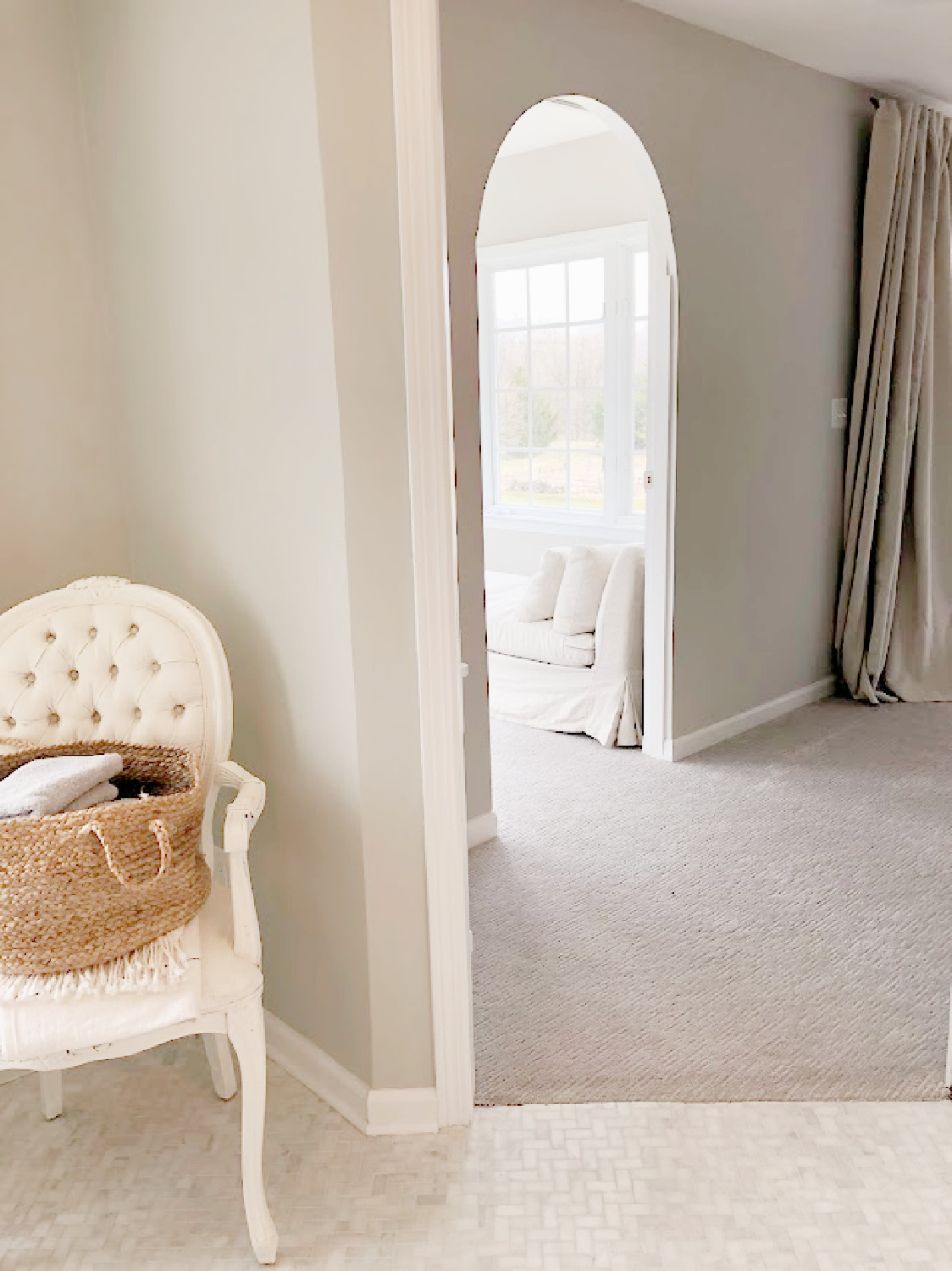 Hello Lovely's bath, bedroom, and sitting room with SW Agreeable Gray.