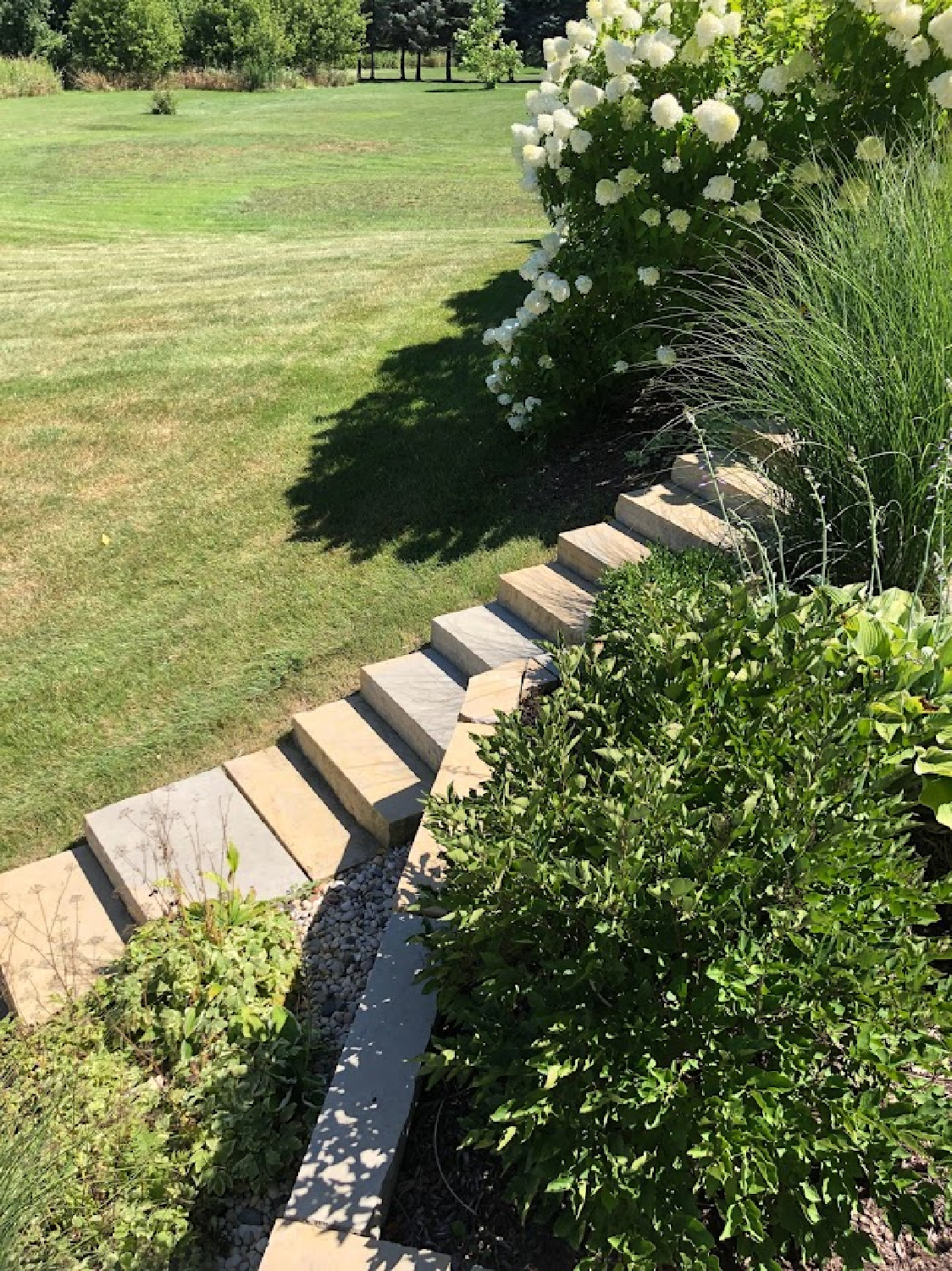 Hello Lovely's backyard with stone steps and raised garden beds.