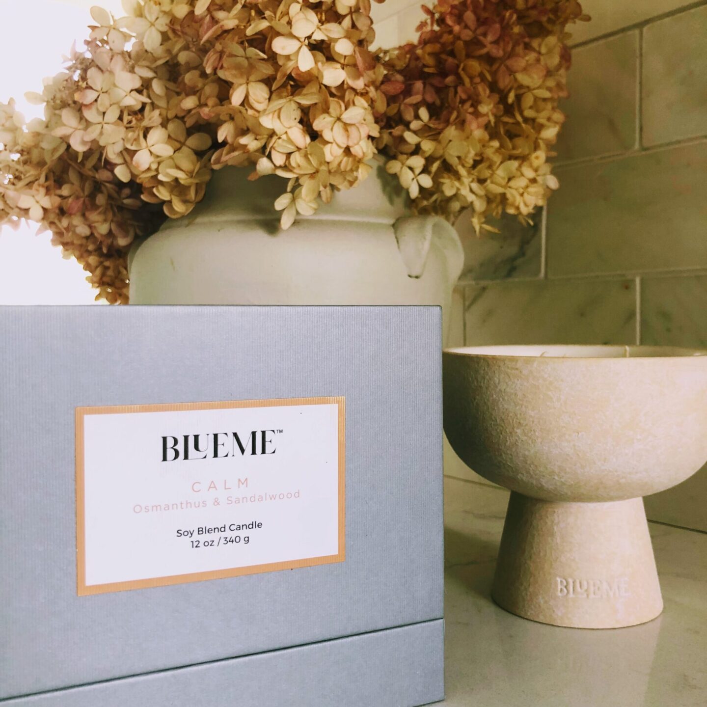 Hello Lovely's DIY renovated modern French kitchen with Viatera Muse quartz counters, calacatta marble backsplash, and Blueme candle (Calm).