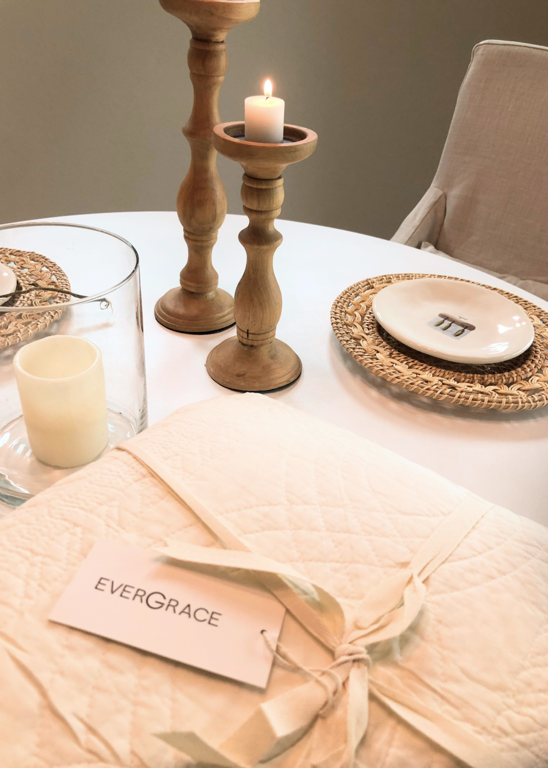 EVERGRACE Cotton Scallop Quilt Set in Ivory Cream on Hello Lovely's dining table...maybe a tablecloth too? #whitebedding #evergrace
