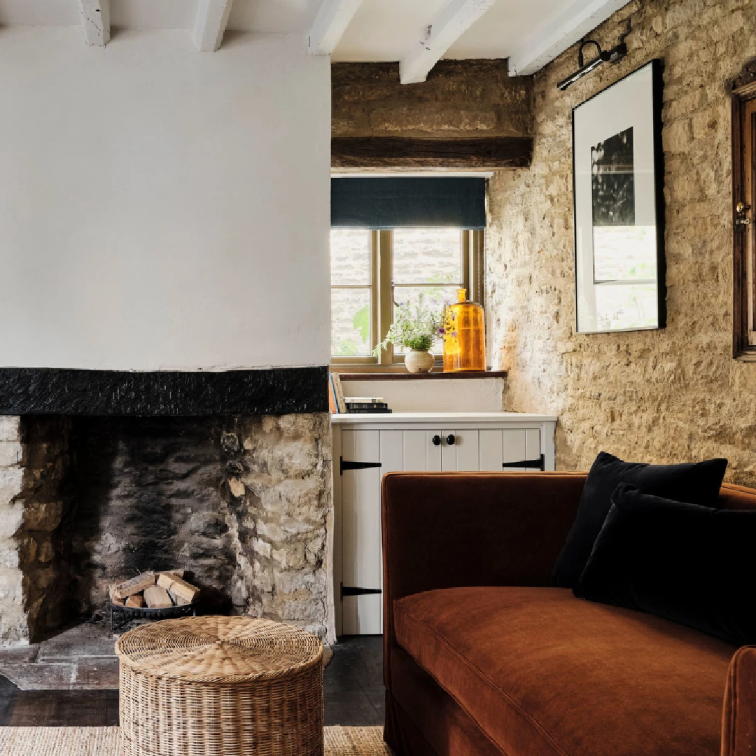 Rustic elegance in a Cotswolds stone cottage called Amanda Cottage. It dates to 1489 with reimagined interiors by Beth Dadswell (Imperfect Interiors).