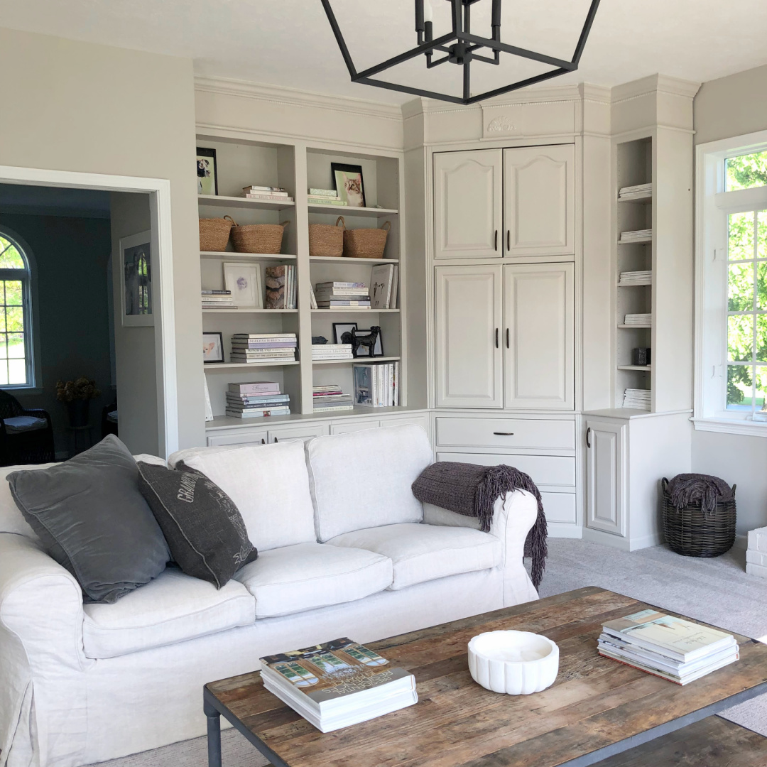 Hello Lovely's family room with SW Agreeable Gray.