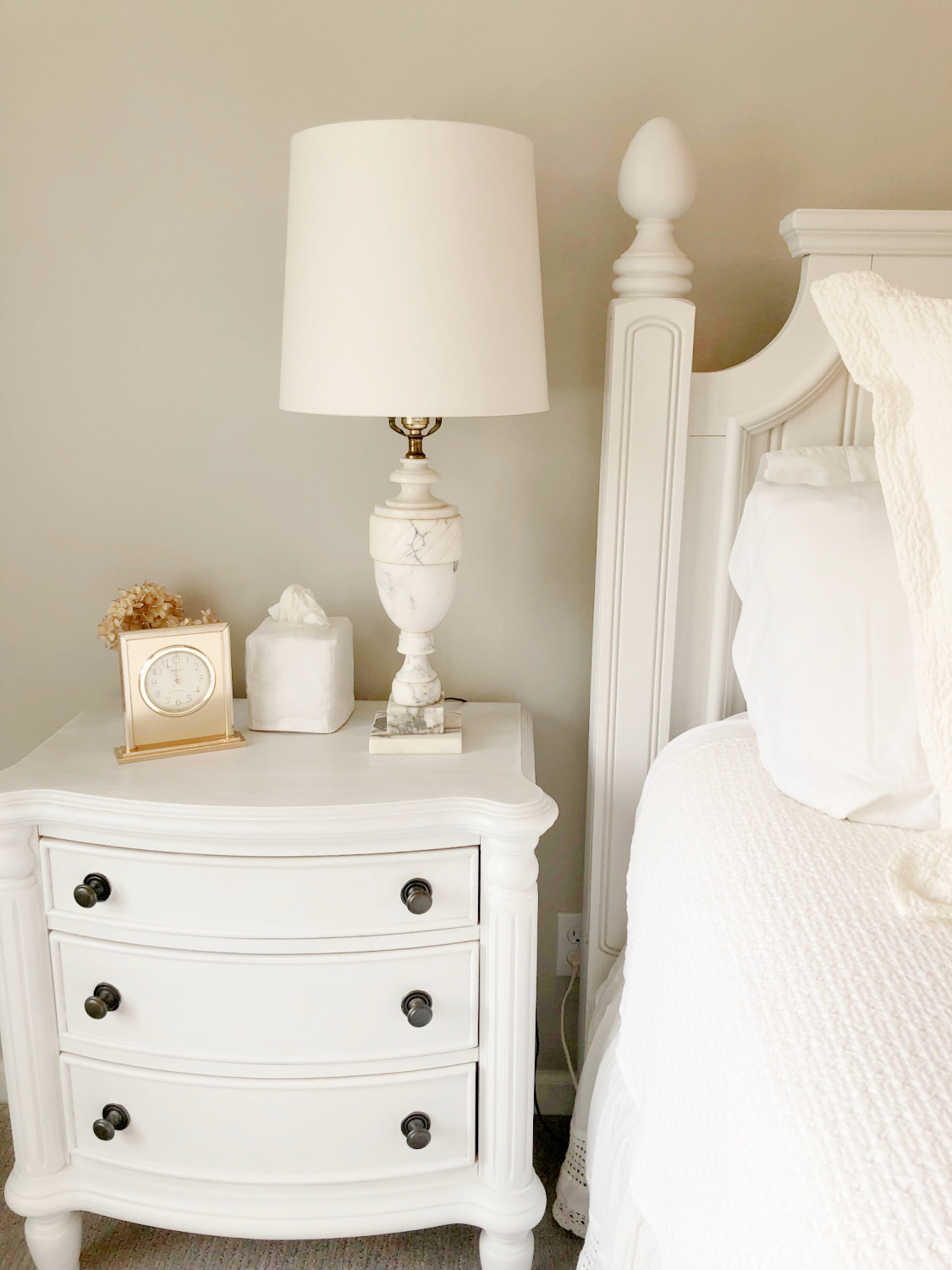 Hello Lovely's serene bedroom with vintage Italian marble lamp and walls painted SW Agreeable Gray.