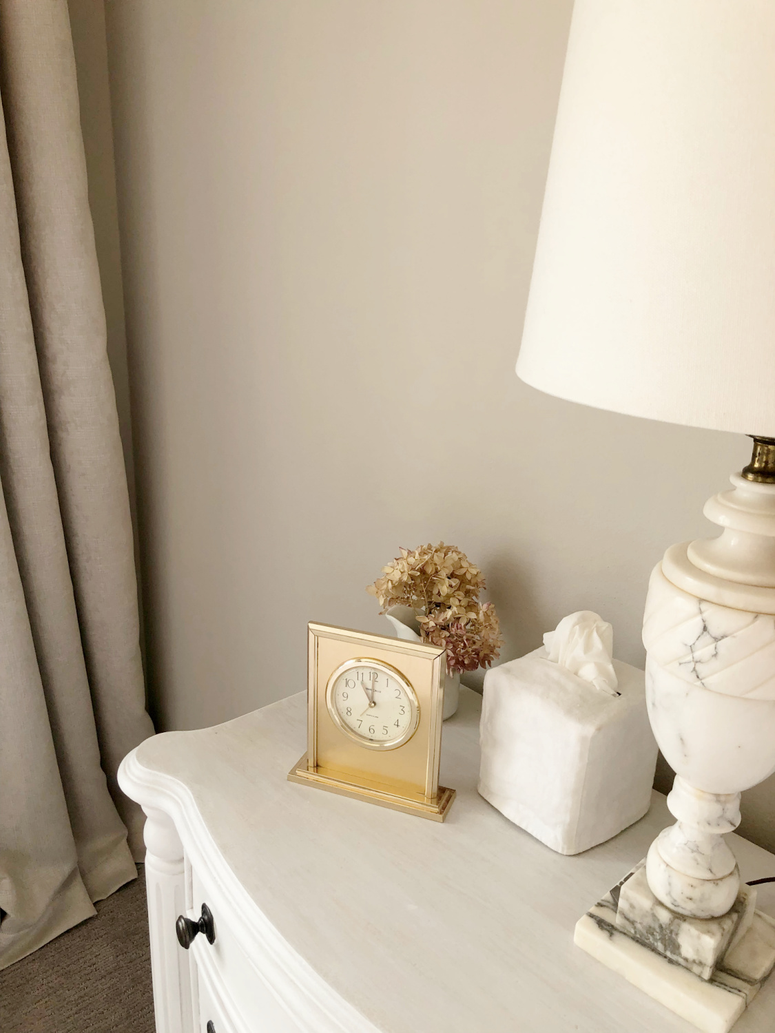 Hello Lovely's serene bedroom with vintage Italian marble lamp and walls painted SW Agreeable Gray.