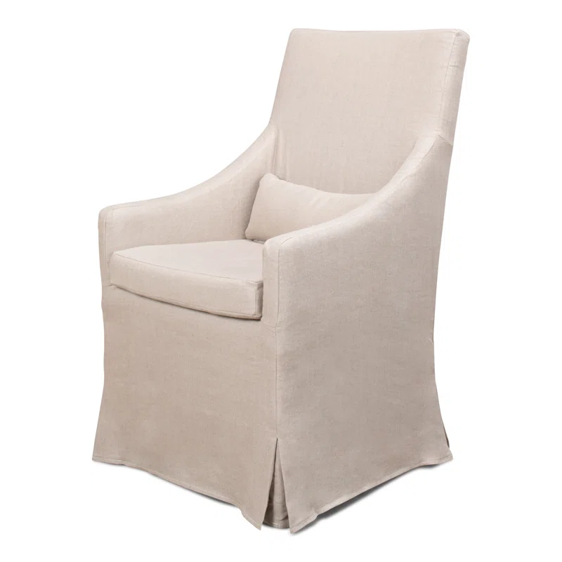 Linen upholstered Belgian style slope arm dining chair.
