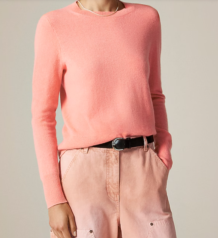 J. Crew cashmere crewneck sweater in Bright Coral color.