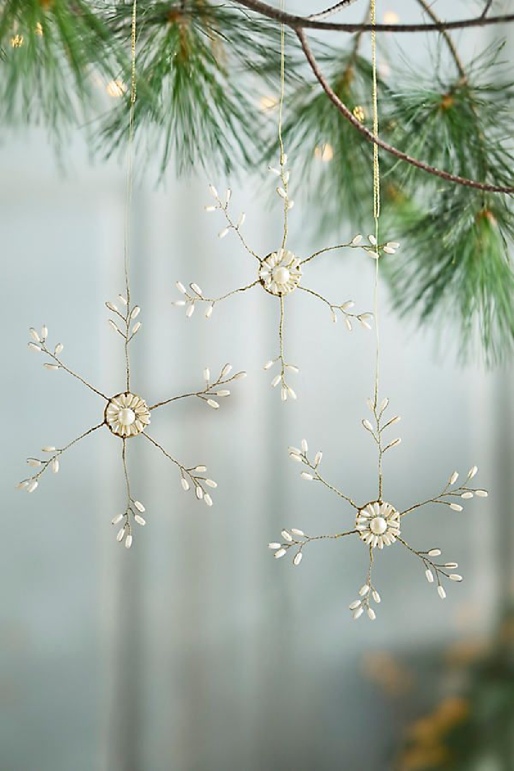 Sweet and ethereal pearl beaded snowflakes holiday ornaments - Terrain. #christmasornaments