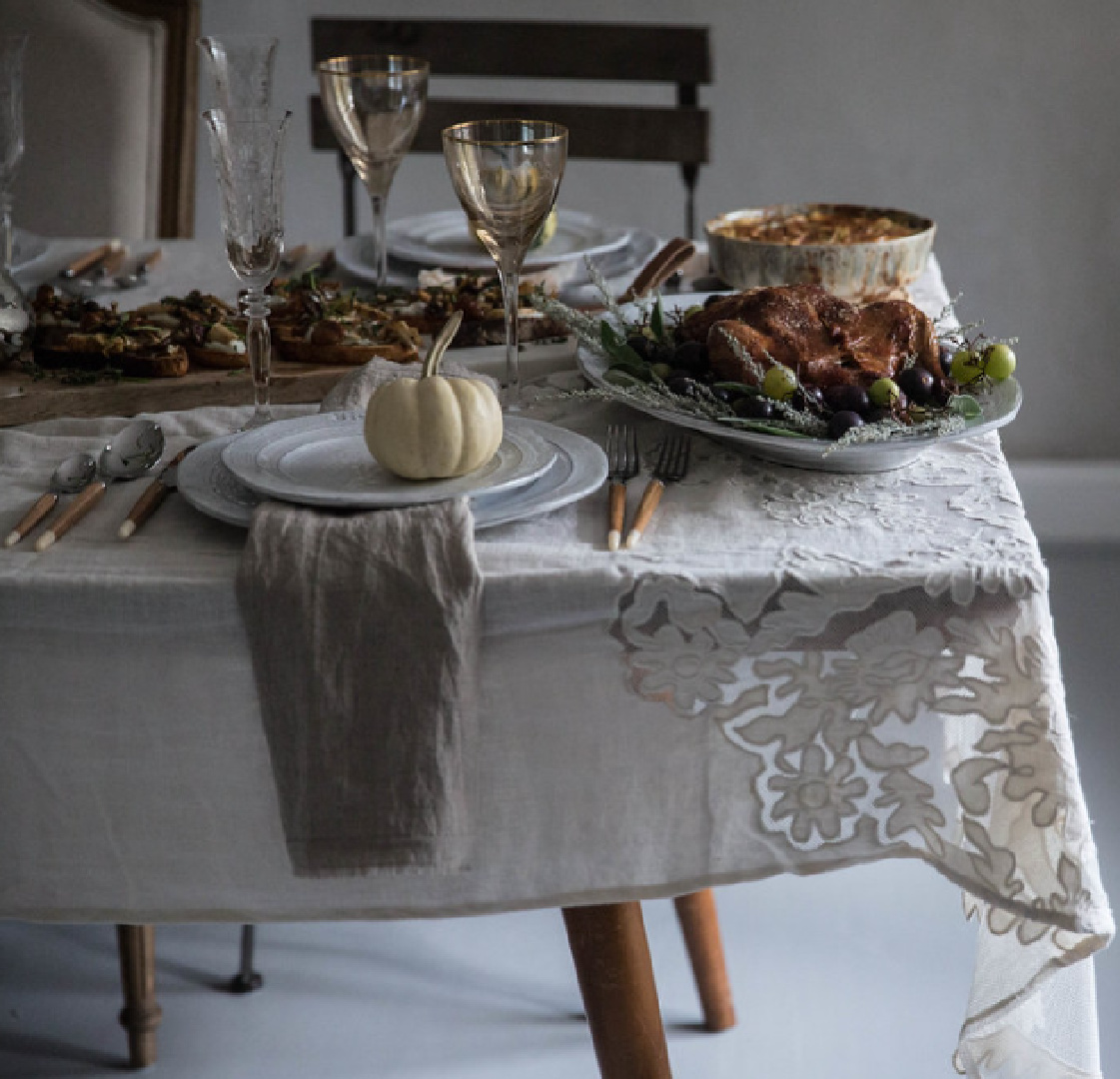 Beth Kirby (Local Milk) designed fall tablescape with lace tablecloth.
