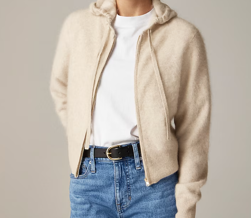 J. Crew cashmere hoodie zip up in hthr linen color.