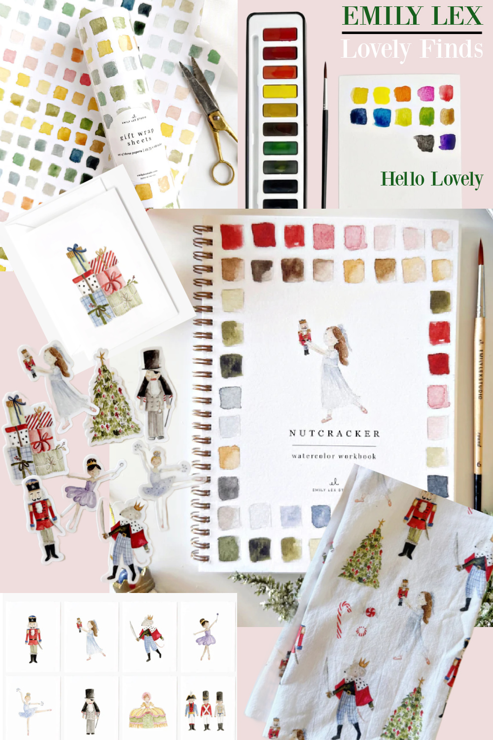 Hello Lovely's mood board with lovely watercolor creations by Emily Lex and Nutcracker Christmas wrapping paper, stickers, cards, and workbook. #nutcrackerchristmas