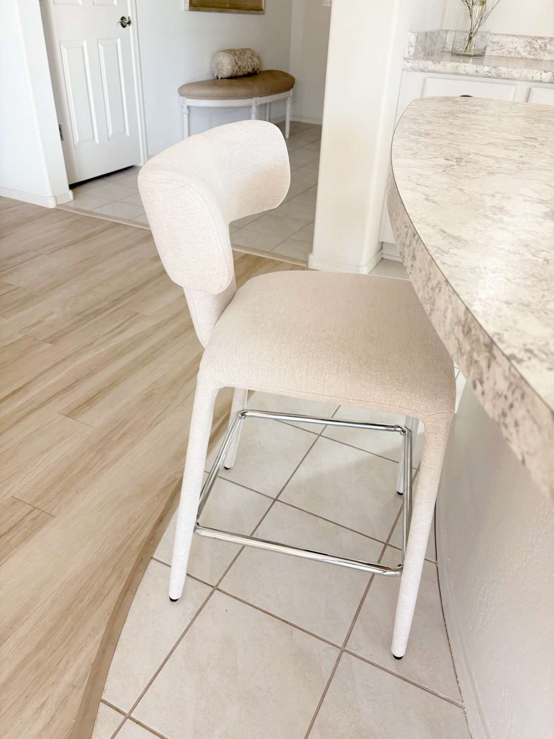 Modern Scandi style upholstered ivory counter stool from Wayfair at my breakfast bar - Hello Lovely Studio.